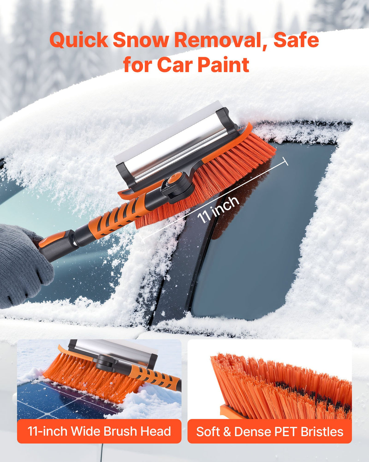 Snow brush head pivoting to clear a car roof