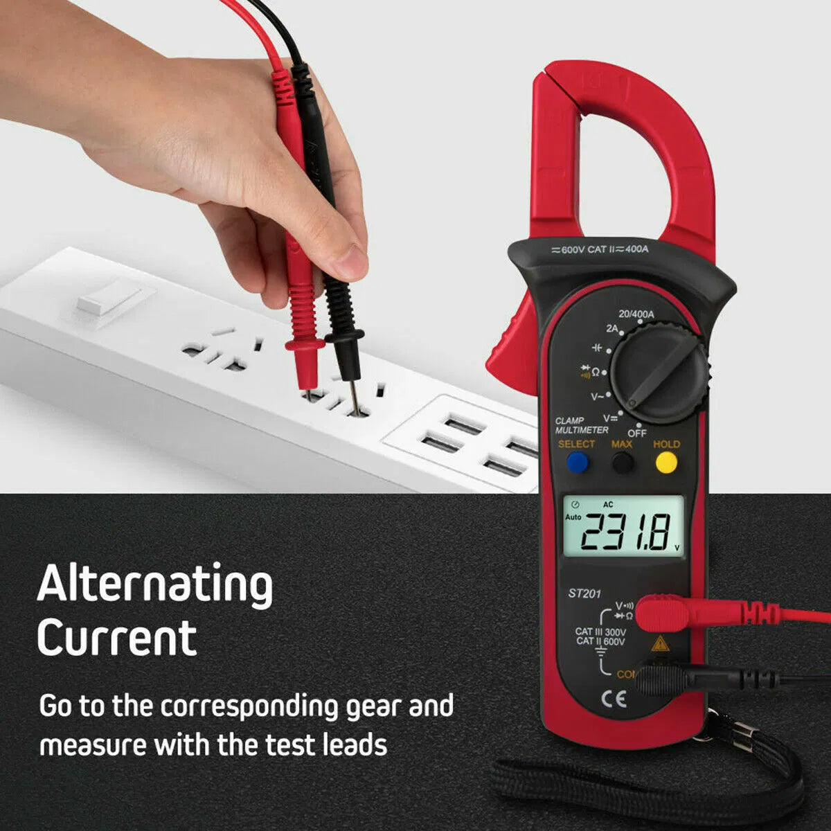 Clamp meter LCD showing a voltage reading